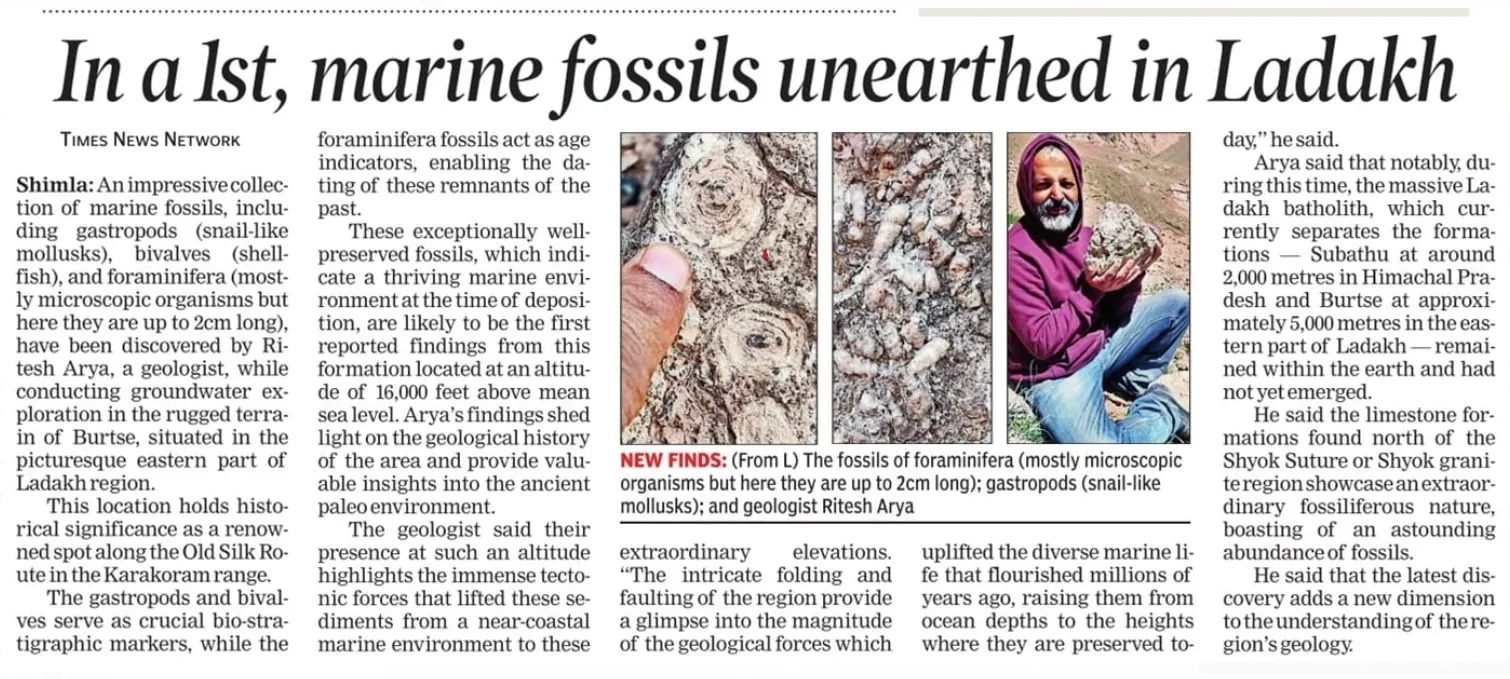 Geologist finds marine fossils at icy heights in Burtse Ladakh 